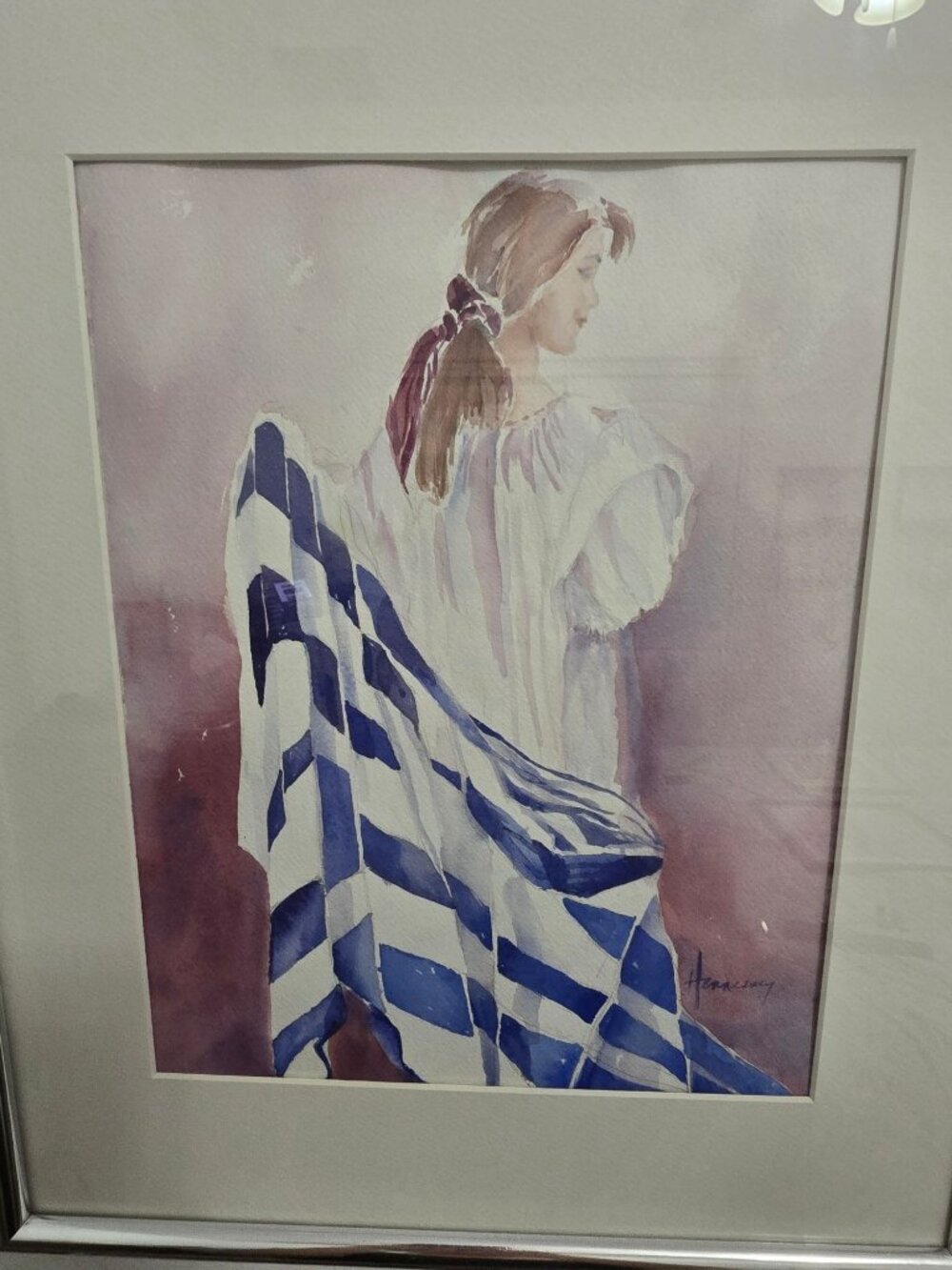 Woman With Blue & White Striped Cloth Watercolor By Hennessey In Silver Frame - Picture 7 of 14